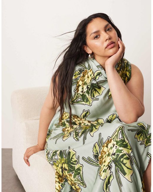 ARRANGE White Curve Floral Print And Stripe Sleeveless Cowl Neck Maxi Dress-multi