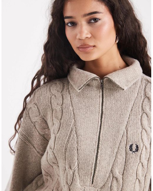 Fred Perry Gray Half Zip Cable Knit Sweater