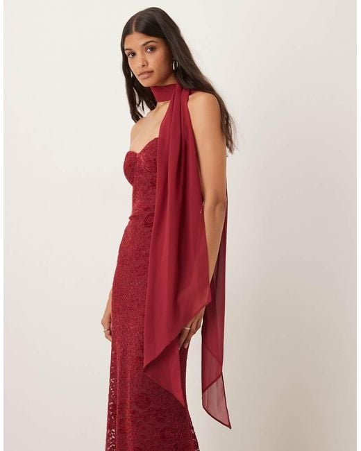 Six Stories Red Velvet Lace Corset Bandeau Maxi Dress With Neck Scarf