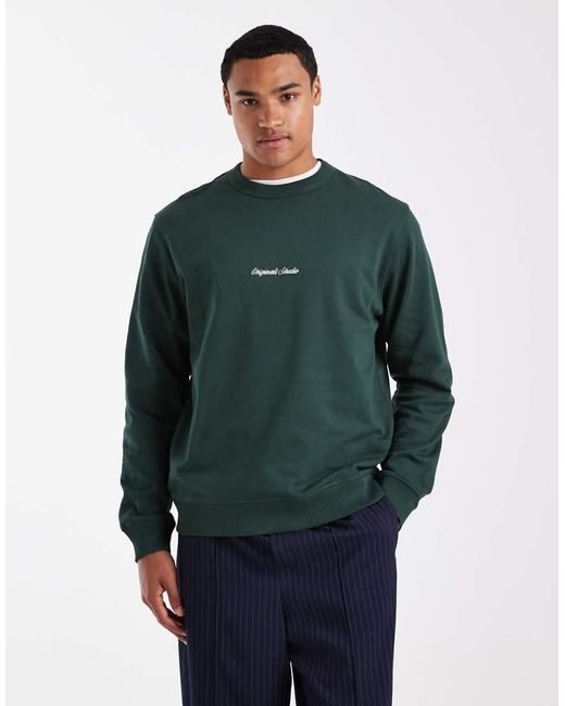 Jack & Jones Green Sweat With Front Originals Embroidery for men