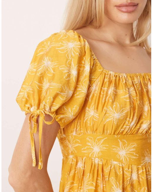 Lovedrobe Yellow Elasticated Square Neck Short Sleeve Mini Dress