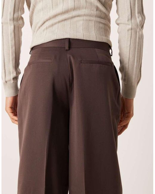 ASOS Brown Smart Pleated Wide Barrel Leg Trousers for men