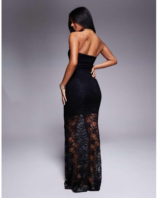 Kaiia Blue Exclusive Double Layered Slinky Lace Bandeau Sheer Hem Maxi Dress