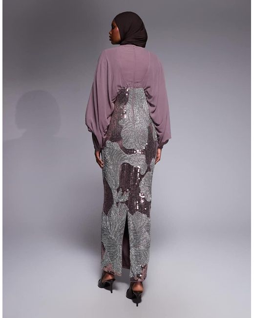 ASOS Purple Blouson Bodice Batwing Maxi Dress With Floral Embellished Skirt