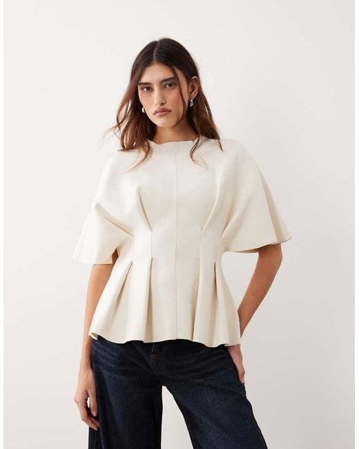 ARRANGE Natural Knit Short Sleeve Cinched Pleated Top