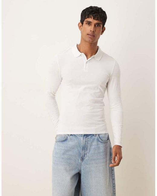 Polo Basic Attillata A Maniche Lunghe di ASOS in White da Uomo