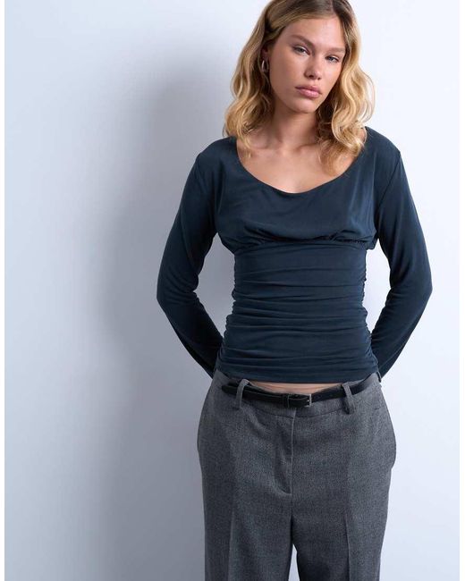 Top Fruncido De Manga Larga Y Cuello Ancho De Cupro De TOPSHOP de color Blue