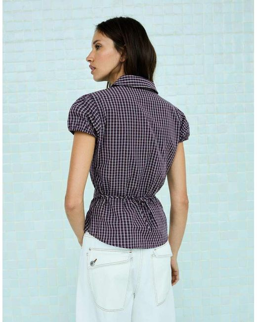 Bershka Purple Short Sleeve Poplin Shirt With Bow