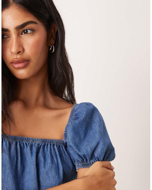 ASOS Blue Babydoll Denim Top With Puff Sleeve
