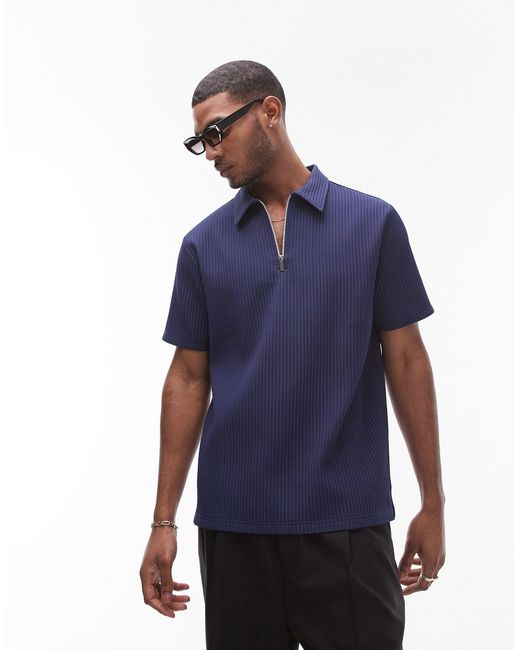 Topman Blue Short Sleeve 1/4 Zip Plisse Shirt for men