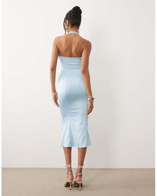 Oh Polly Blue Satin Lace Trim Halter Neck Fishtail Maxi Dress