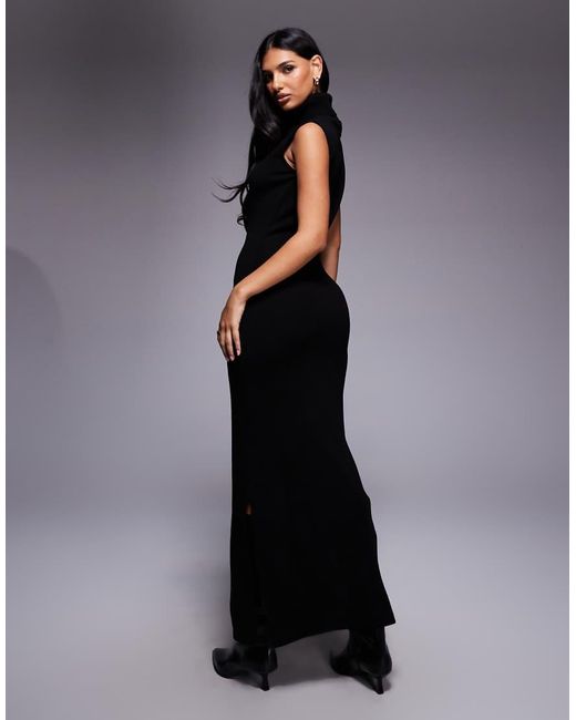 Kaiia Black Exclusive Ribbed Knit High Neck Sleeveless Maxi Dress