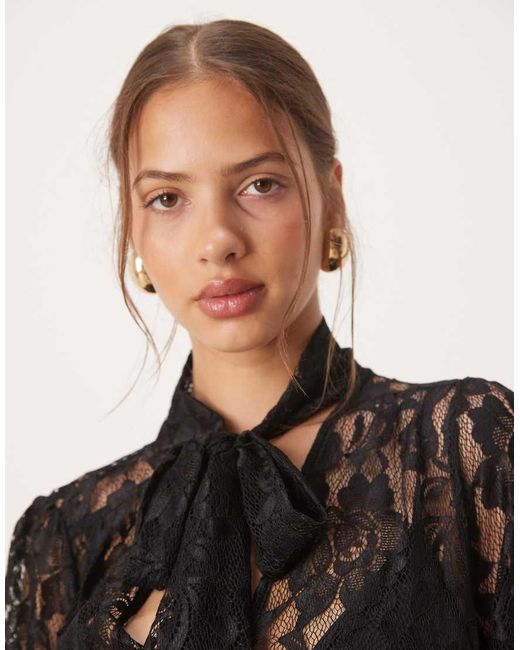 Maya Black Tie Neck Long Sleeve Lace Maxi Dress