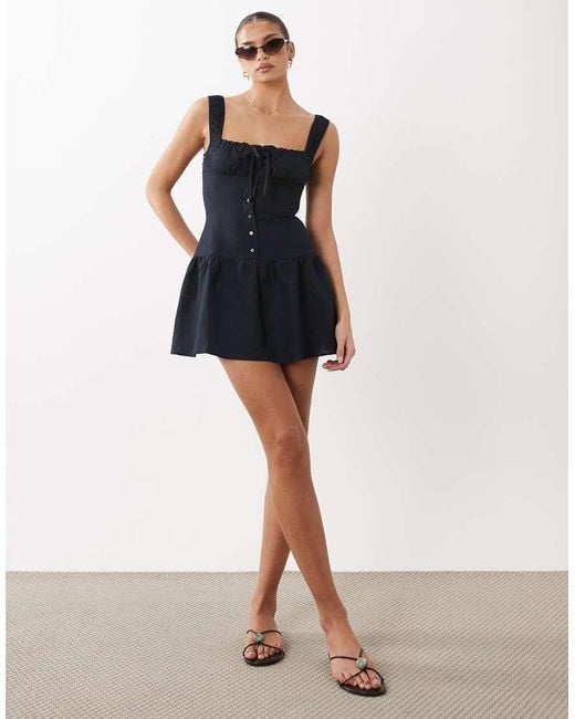 Lioness Blue Heart Shaped Linen Rich Milkmaid Button Detail Gathered Skirt Mini Dress