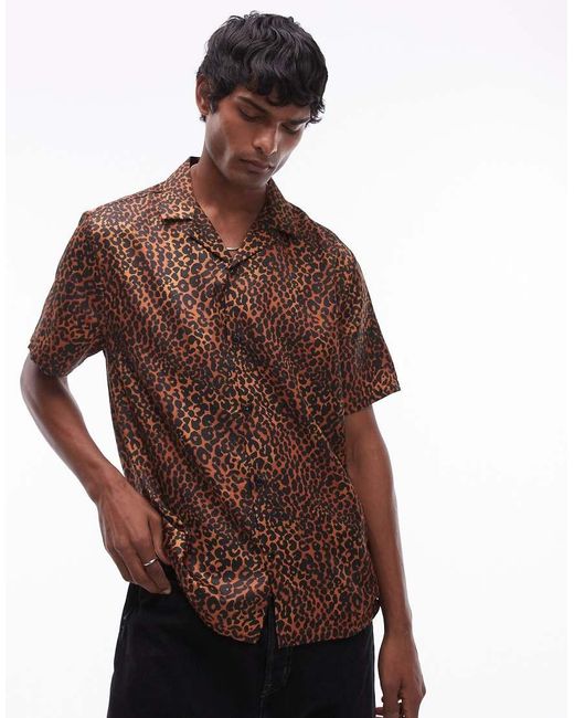 Topman Brown Short Sleeve Leopard Print Shirt for men
