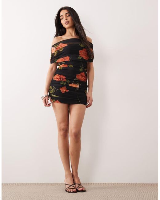 ASOS Black Draped Shoulder Mesh Mini Dress With Ruching