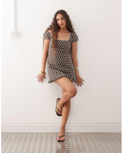 Motel Brown Bella Broderie Scoop Neck Mini Dress