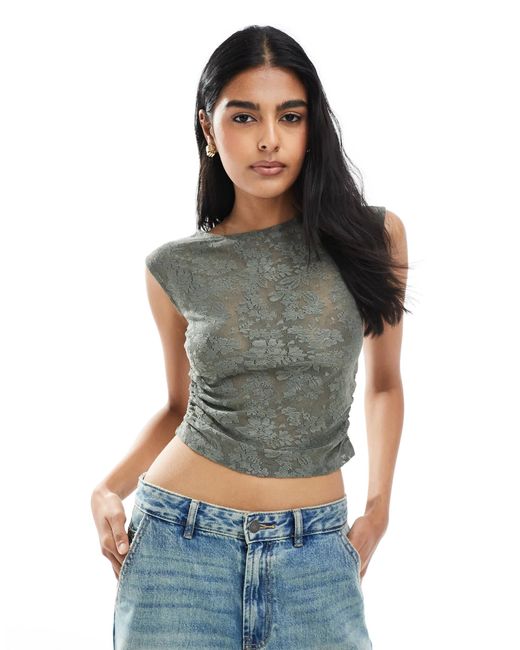 Pull&Bear Blue Floral Textured Ruched Side Top