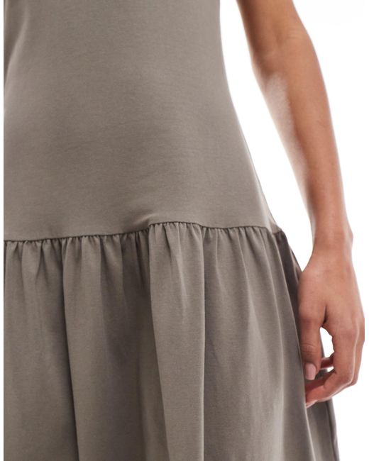 Monki Gray Short Sleeve Open Neck Midi Soft Jersey Dress With Dropped Waist