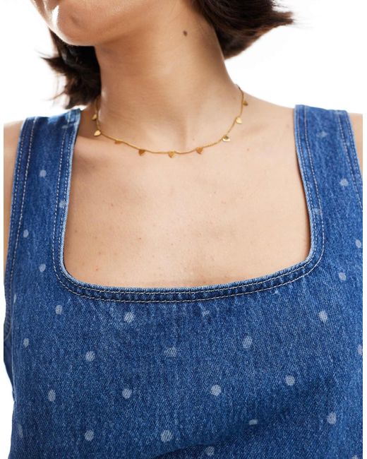 ASOS Blue Denim Square Neck Shift Top With Polka Dot Print