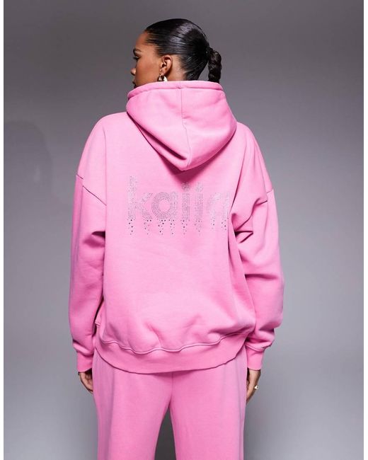 Kaiia Pink Exclusive Cotton Rich Diamante Logo Oversized Hoodie Co-ord
