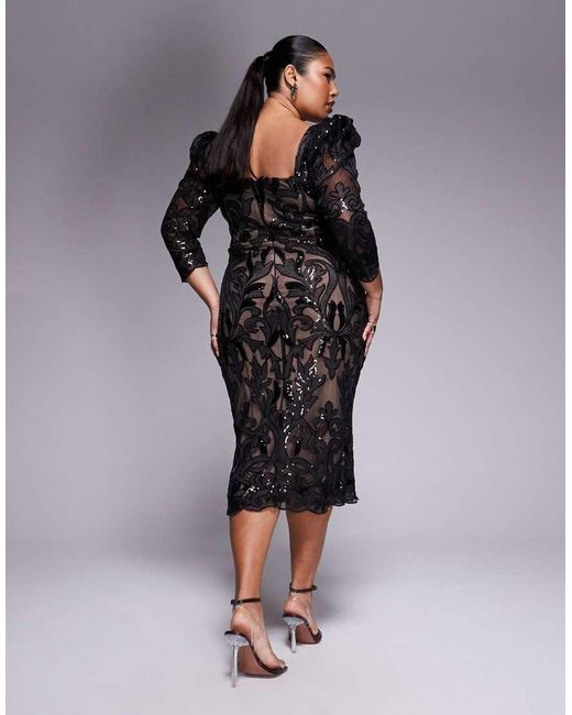 Goddiva Black Curve Square Neck Scalloped Lace Midi Dress