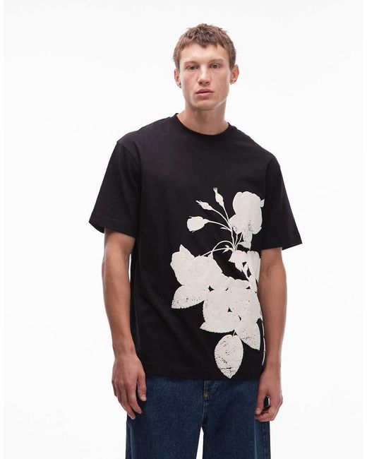 Topman Black Relaxed Fit T-shirt With Mono Floral Print for men