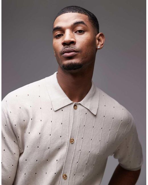Topman Gray Pointelle Knit Polo Shirt for men