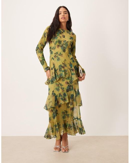 ASOS Green Long Sleeve Ruffle Chiffon Maxi Dress