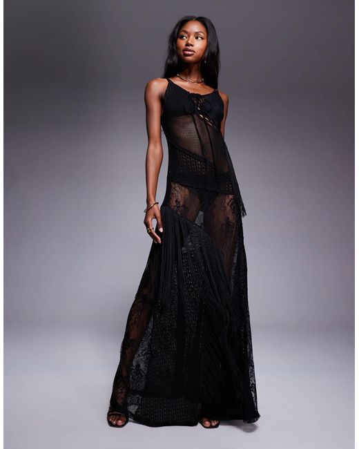 ASOS Blue High Neck Sheer Lace And Fringe Mix Maxi Dress