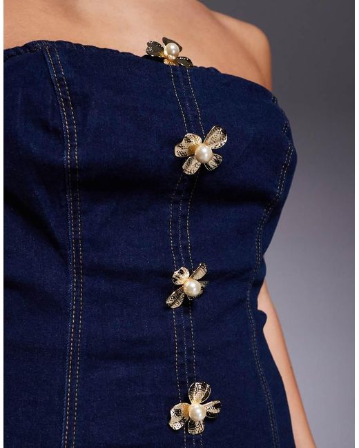River Island Blue Flower Button Detail Denim Jumpsuit