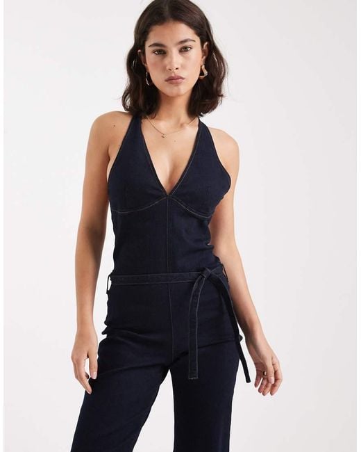 Miss Selfridge Blue Plunge Tie Waist Jumpsuit