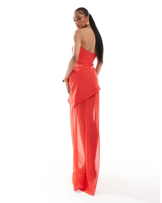 ASOS Red Tall Structu Bandeau Maxi Dress With Chiffon Thigh Split Skirt