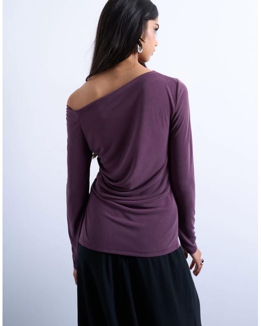TOPSHOP Purple Cupro Off Shoulder Ruched Long Sleeve Top
