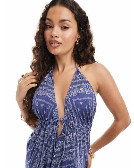 Miss Selfridge Blue Halter Neck Spun Maxi Dress