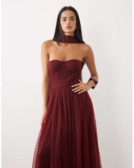 LACE & BEADS Red Tulle Bandeau Scarf Neck Corset Maxi Dress