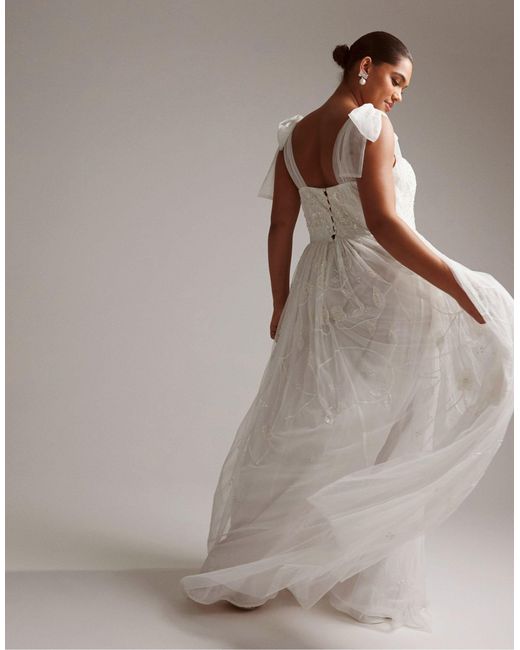 ASOS Gray Asos Design Curve Mila Floral Embellished Mesh Wedding Dress With Tie Straps