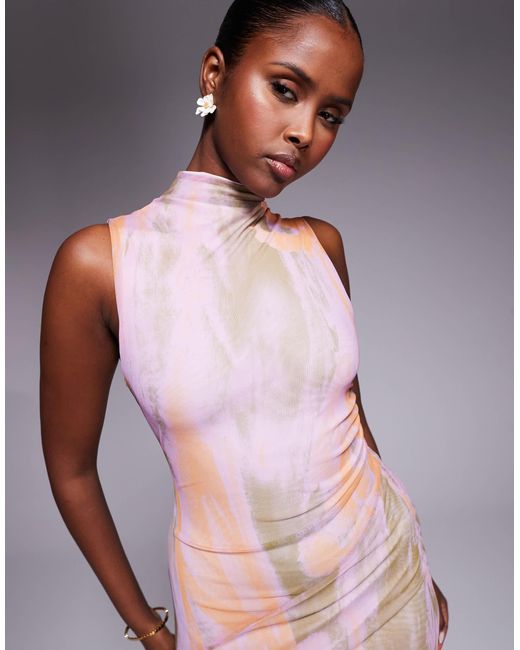Robe froncée longue avec coutures asymétriques et col montant en tulle - imprimé abstrait ASOS en coloris Multicolor