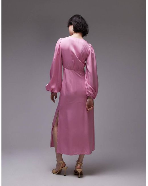 & Other Stories Pink Midi Dress With Side Splits And Volume Sleeves
