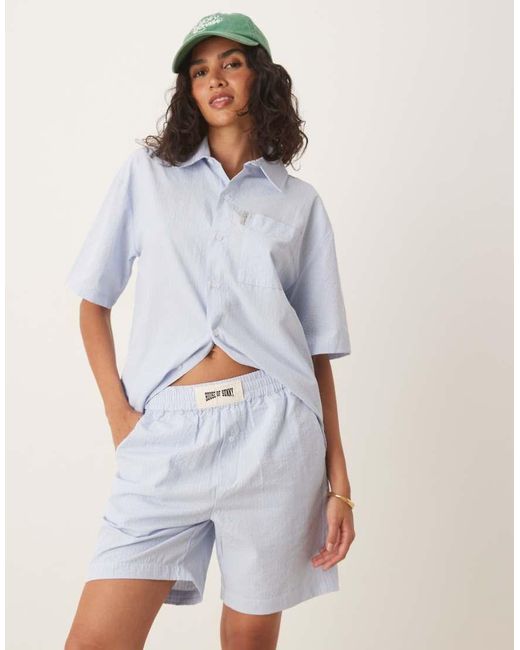 House Of Sunny Blue Seersucker Box Fit Shorts Co-Ord