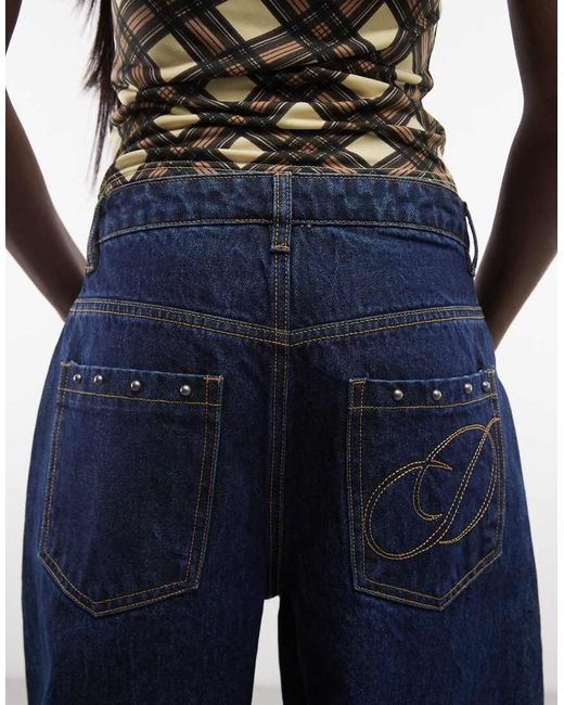 Daisy Street Blue Mid Rise Barrel Leg Studded Jeans