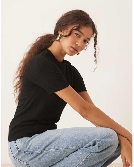 Mango Black Fine Knit Short Sleeve Top