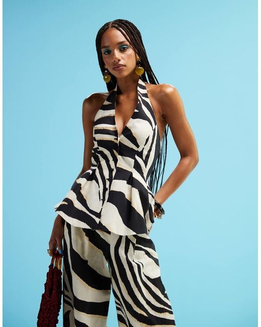 Mango Blue Zebra Halter Linen Mix Waistcoat Co-Ord
