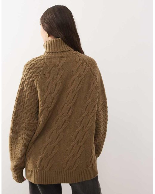 Reclaimed Vintage Brown Unisex Mixed Cable Knitted Roll Neck Jumper
