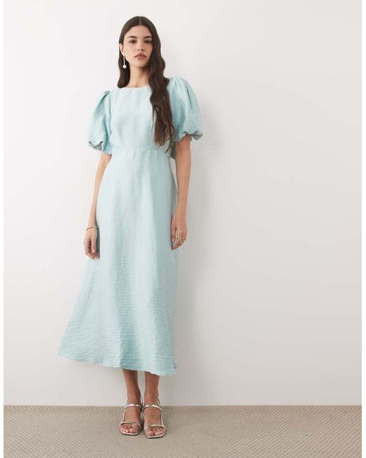 Nobody's Child Blue Zola Slash Neck Puff Sleeve Midi Dress
