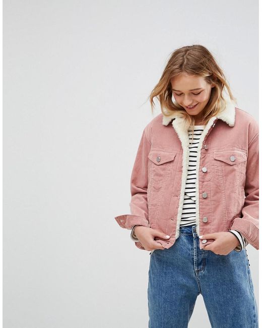 ASOS Cord Jacket With Borg Collar In Washed Pink