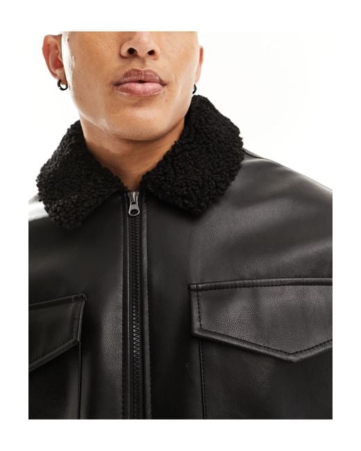 ASOS Oversized Faux Leather Harrington Jacket in Black for Men | Lyst