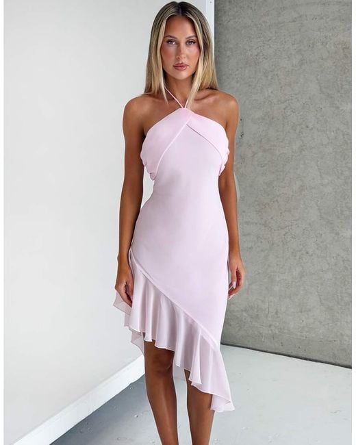 Tiger Mist Pink Elarina 2.0 Chiffon Halterneck Asymmetric Ruffle Hem Midi Dress