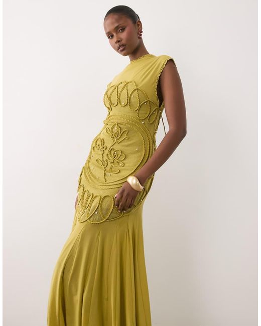 ASOS Multicolor High Neck Maxi Dress With Corded Embroidery & Scattered Pearls