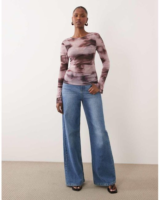ASOS Multicolor Sheer Mesh Flare Long Sleeve Top